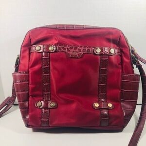 Tutilo New York Shoulder Purse Deep Red Nylon And Croc Embossed Leather